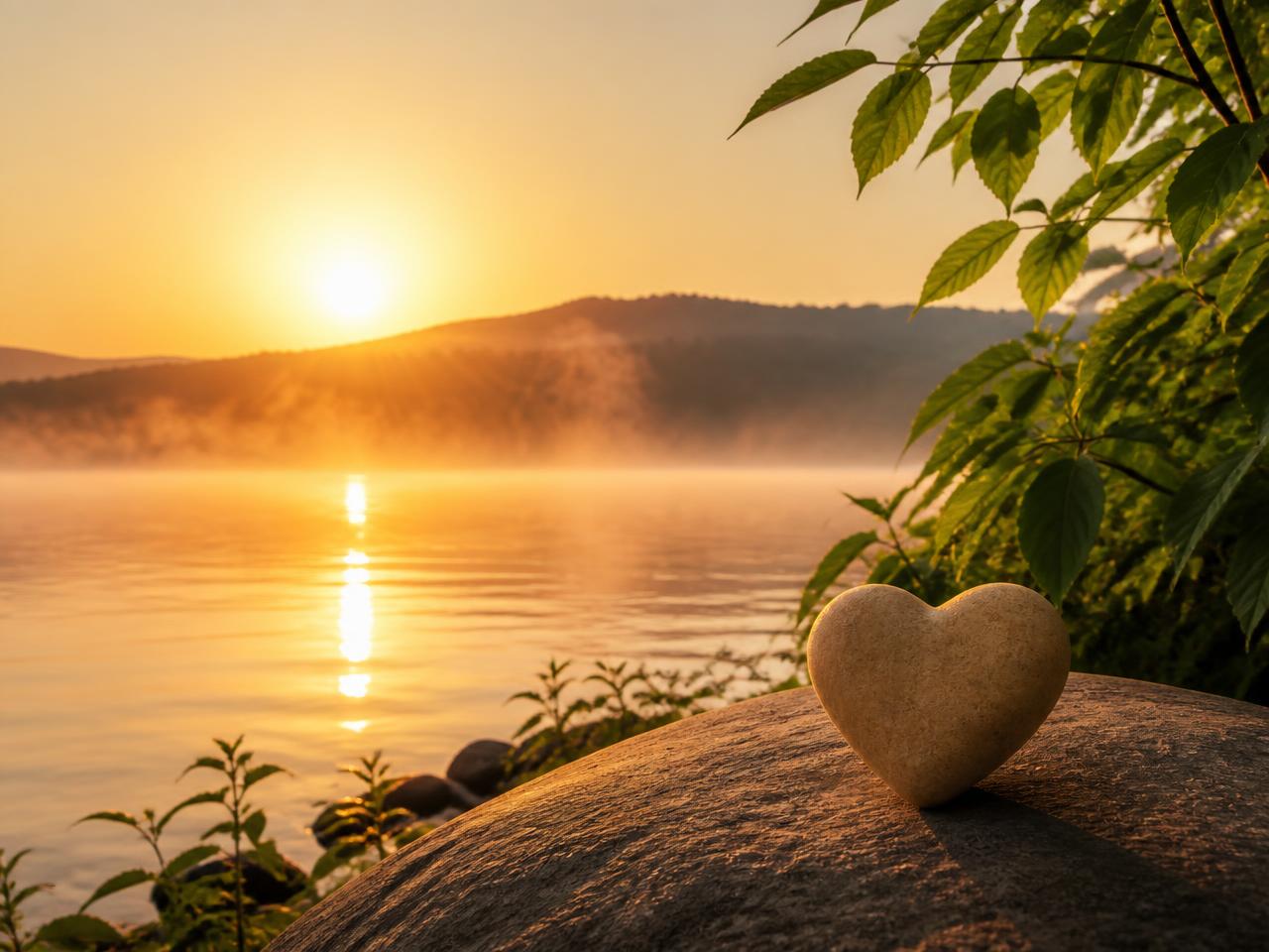 A heart-shaped stone resting by a lake at sunrise